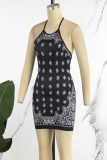 Black Sexy Print Bandage Backless Halter Sleeveless Dress Dresses