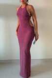 Burgundy Sexy Solid Bandage Backless Halter Long Dress Dresses