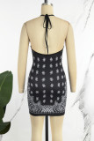Black Sexy Print Bandage Backless Halter Sleeveless Dress Dresses