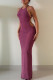 Burgundy Sexy Solid Bandage Backless Halter Long Dress Dresses