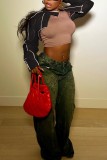 Red Casual Solid Patchwork Zipper Collar Outerwear