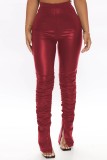 Burgundy Casual Solid Slit Fold Skinny High Waist Conventional Solid Color Trousers