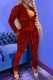 Red Street Solid Sequins Patchwork Draw String Zipper O Neck Long Sleeve Two Pieces