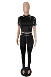 Black Fashion Casual Solid Patchwork Slit Half A Turtleneck Short Sleeve Two Pieces