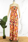 Multicolor Elegant Print Patchwork Strapless Straight Jumpsuits