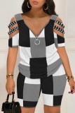 Black Gray Casual Print Patchwork Zipper V Neck Short Sleeve Two Pieces