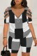 Black Gray Casual Print Patchwork Zipper V Neck Short Sleeve Two Pieces
