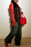 Red Casual Solid Patchwork Zipper Collar Outerwear