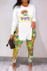 White Green Casual Print Patchwork Slit O Neck Long Sleeve Two Pieces
