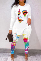 Multicolor Casual Print Patchwork Slit O Neck Long Sleeve Two Pieces