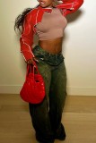 Red Casual Solid Patchwork Zipper Collar Outerwear