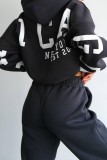 Black Gray Casual Letter Print Patchwork Hooded Collar Long Sleeve Two Pieces