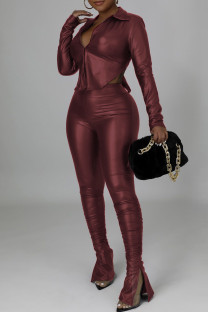 Burgundy Casual Solid Frenulum Backless Turndown Collar Long Sleeve Two Pieces