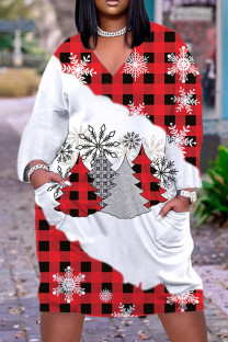 White Red Casual Print Basic V Neck Long Sleeve Dresses