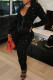 Black Street Solid Sequins Patchwork Draw String Zipper O Neck Long Sleeve Two Pieces