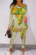 Green Casual Print Patchwork Slit O Neck Long Sleeve Two Pieces