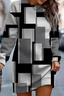 Dark Gray Casual Print Basic O Neck Long Sleeve Dresses