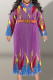 Purple Casual Print Patchwork Buckle With Belt Pleated V Neck Printed Dress Plus Size Dresses