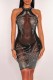 Black Sexy Patchwork Hot Drilling See-through O Neck Sleeveless Dress (With Panties)