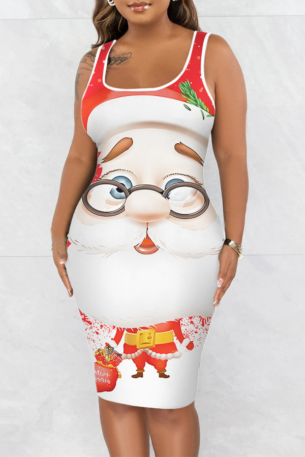 White Red Casual Print Basic U Neck Vest Dress Dresses