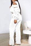 White Casual Solid Hollowed Out O Neck Long Sleeve Two Pieces