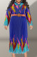 Blue Casual Print Patchwork Buckle With Belt Pleated V Neck Printed Dress Plus Size Dresses