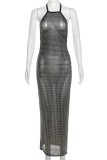 Black Sexy Patchwork Bandage Backless Halter Long Dress Dresses