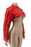Red Casual Solid Patchwork Zipper Collar Outerwear