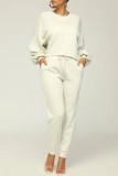 Cream White Casual Solid Basic O Neck Long Sleeve Two Pieces