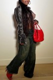 Red Casual Solid Patchwork Zipper Collar Outerwear