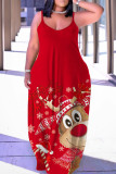 Red-brown Sexy Casual Print Backless Spaghetti Strap Long Dress Dresses