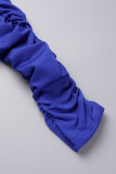 Blue Elegant Solid Hollowed Out Patchwork O Neck Wrapped Skirt Dresses