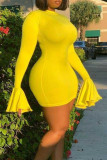 Yellow Casual Solid Patchwork O Neck Wrapped Skirt Dresses