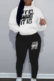 White Black Casual Letter Patchwork Draw String Pocket Hooded Collar Long Sleeve Two Pieces