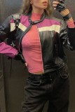 Rose Red Casual Patchwork Contrast Mandarin Collar Outerwear