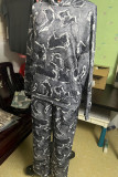Dark Gray Street Print Patchwork Pocket Hooded Collar Long Sleeve Two Pieces