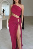 Rose Red Sexy Solid Backless Slit Oblique Collar Sleeveless Two Pieces