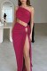 Rose Red Sexy Solid Backless Slit Oblique Collar Sleeveless Two Pieces