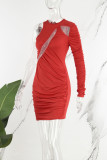 Red Elegant Solid Hollowed Out Patchwork O Neck Wrapped Skirt Dresses