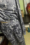 Dark Gray Street Print Patchwork Pocket Hooded Collar Long Sleeve Two Pieces