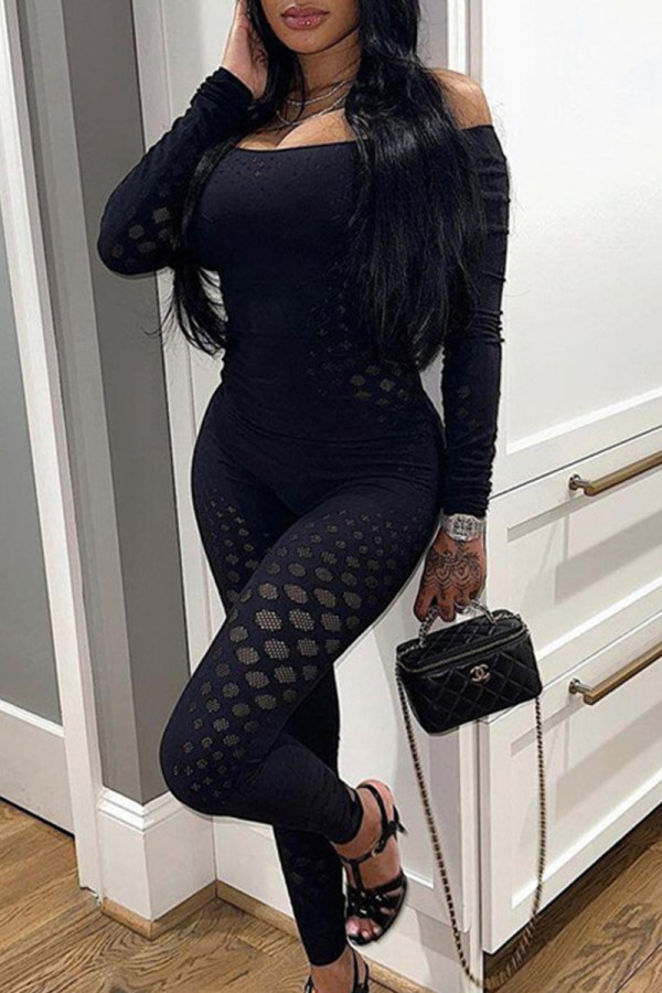 Black Casual Print Lace Patchwork O Neck Skinny Jumpsuits