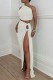 White Sexy Solid Backless Slit Oblique Collar Sleeveless Two Pieces