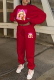 Red Casual Character Print Letter O Neck Long Sleeve Two Pieces