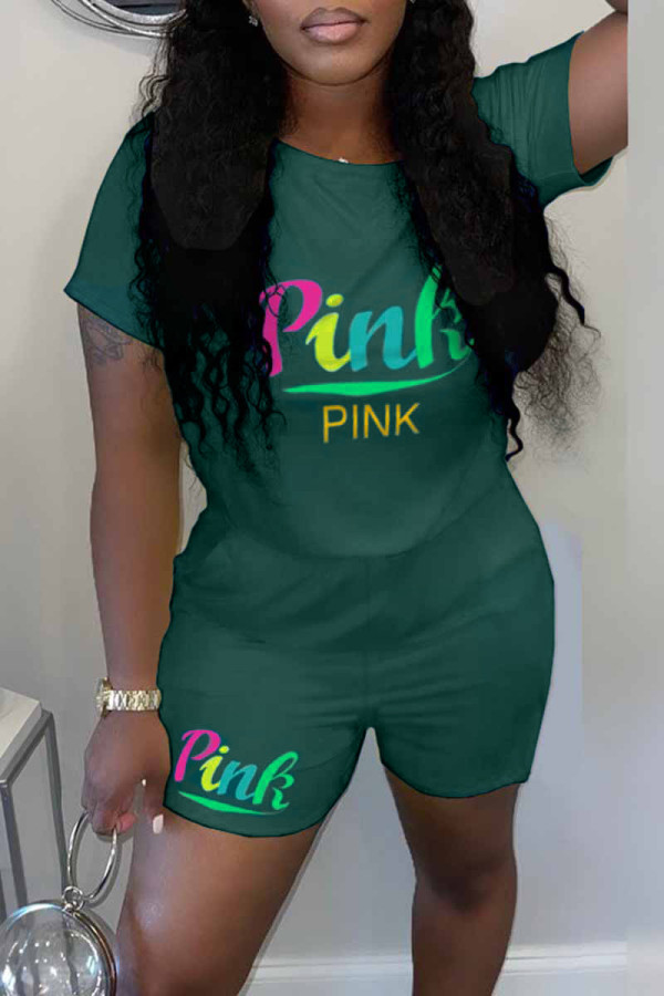 Green Casual Print Letter O Neck Short Sleeve Two Pieces