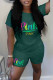 Green Casual Print Letter O Neck Short Sleeve Two Pieces