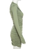Green Casual Solid Fold Half A Turtleneck Long Sleeve Dresses