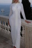 White Casual Solid Patchwork O Neck Long Sleeve Dresses