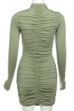 Green Casual Solid Fold Half A Turtleneck Long Sleeve Dresses