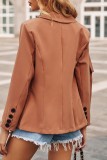 Dark Brown Casual Solid Cardigan Turn-back Collar Outerwear