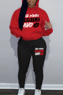 Red Black Casual Letter Patchwork Draw String Pocket Hooded Collar Long Sleeve Two Pieces